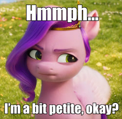 Size: 588x577 | Tagged: safe, edit, edited screencap, imported from derpibooru, screencap, pipp petals, pegasus, pony, spoiler:my little pony: a new generation, caption, cropped, g5, image macro, looking at you, my little pony: a new generation, pipp is short, solo, text, tsundere