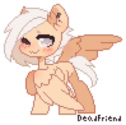 Size: 792x784 | Tagged: safe, artist:dedfriend, imported from derpibooru, oc, oc only, pegasus, pony, ear piercing, earring, female, jewelry, looking at you, mare, one eye closed, partially open wings, piercing, pixel art, raised hoof, simple background, white background, wings, wink