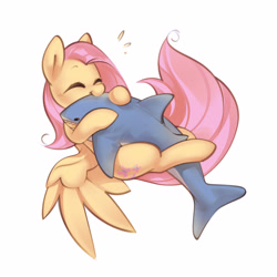 Size: 2500x2500 | Tagged: safe, artist:mirroredsea, imported from derpibooru, fluttershy, pegasus, pony, shark, blåhaj, cute, eyes closed, female, high res, hug, long tail, mare, nom, plushie, shark plushie, shyabetes, simple background, smiling, solo, tail, white background, ych example, your character here