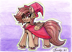 Size: 2052x1474 | Tagged: safe, artist:dandy, imported from derpibooru, oc, oc only, oc:hazelnut brew, pegasus, pony, cape, chest fluff, clothes, colored pencil drawing, ear fluff, ear piercing, earring, eye clipping through hair, female, gradient background, hat, jewelry, looking at you, piercing, solo, traditional art, unshorn fetlocks, witch, witch hat