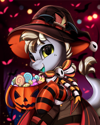 Size: 2550x3209 | Tagged: safe, artist:pridark, imported from derpibooru, part of a set, oc, oc only, pony, bucket, candy, clothes, commission, costume, food, halloween, hat, high res, holiday, jack-o-lantern, open mouth, part of a series, pumpkin, pumpkin bucket, socks, solo, striped socks, witch hat, ych result