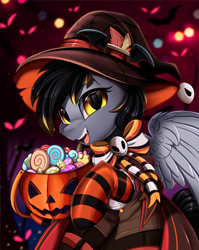 Size: 2550x3209 | Tagged: safe, artist:pridark, imported from derpibooru, part of a set, oc, oc only, pegasus, pony, bucket, candy, clothes, commission, costume, food, halloween, hat, high res, holiday, jack-o-lantern, open mouth, part of a series, pegasus oc, pumpkin, pumpkin bucket, socks, solo, striped socks, witch hat, ych result