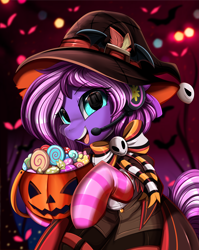 Size: 2550x3209 | Tagged: safe, artist:pridark, imported from derpibooru, part of a set, oc, oc only, oc:lillybit, pony, bucket, candy, clothes, commission, costume, food, halloween, hat, high res, holiday, jack-o-lantern, open mouth, part of a series, pumpkin, pumpkin bucket, socks, solo, striped socks, witch hat, ych result