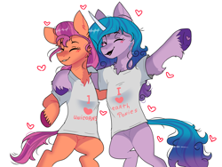 Size: 1600x1200 | Tagged: safe, artist:valkiria, derpibooru exclusive, imported from derpibooru, izzy moonbow, sunny starscout, earth pony, pony, unicorn, bipedal, chest fluff, clothes, cute, duo, duo female, female, g5, heart, hoof around neck, horn, mare, mlp fim's eleventh anniversary, my little pony: a new generation, open mouth, open smile, shirt, simple background, smiling, t-shirt, underhoof, unshorn fetlocks, white background