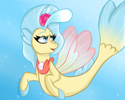 Size: 1280x1024 | Tagged: safe, artist:anastasiaplisetskaya, imported from derpibooru, princess skystar, sea pony, seapony (g4), my little pony: the movie, blue background, blue eyes, blue mane, bubble, dorsal fin, eyelashes, female, fin wings, fins, fish tail, flower, flower in hair, flowing tail, freckles, glowing, jewelry, looking up, necklace, ocean, pearl necklace, ponytober, signature, simple background, smiling, solo, swimming, tail, underwater, water, wings