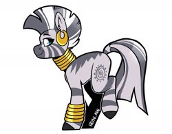 Size: 1634x1283 | Tagged: safe, artist:lrusu, imported from derpibooru, zecora, pony, zebra, bracelet, ear fluff, ear piercing, earring, female, jewelry, mare, neck rings, piercing, quadrupedal, signature, simple background, smiling, solo, white background
