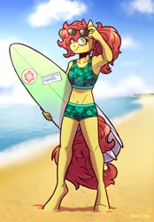 Size: 1640x2360 | Tagged: safe, artist:lrusu, imported from derpibooru, oc, oc only, anthro, unguligrade anthro, beach, commission, eye clipping through hair, female, looking at you, ocean, smiling, smiling at you, solo, sunglasses, surfboard, water