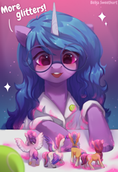 Size: 1990x2900 | Tagged: safe, artist:anku, imported from derpibooru, hitch trailblazer, izzy moonbow, pipp petals, sunny starscout, zipp storm, earth pony, pegasus, pony, unicorn, ball, female, g5, glasses, glitter, high res, male, mane five (g5), mare, micro, my little pony: a new generation, open mouth, open smile, round glasses, shrunken, smiling, spread wings, stallion, tennis ball, tiny, wings