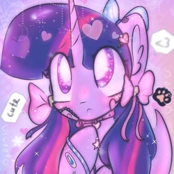 Size: 1024x1024 | Tagged: safe, artist:bumbleshy, imported from derpibooru, twilight sparkle, alicorn, pony, blushing, bow, collar, female, hair bow, heart, mare, solo, twilight sparkle (alicorn)