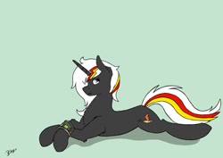 Size: 1280x906 | Tagged: safe, artist:hrabiadeblacksky, imported from derpibooru, oc, oc only, oc:velvet remedy, pony, unicorn, fallout equestria, female, full body, horn, looking at you, lying down, mare, pipbuck, prone, signature, simple background, smiling, smiling at you, solo, tail, unicorn oc