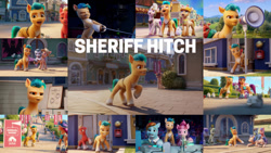 Size: 1280x720 | Tagged: safe, edit, edited screencap, editor:quoterific, imported from derpibooru, screencap, hitch trailblazer, sprout cloverleaf, sunny starscout, earth pony, pony, spoiler:g5, spoiler:my little pony: a new generation, colt, critter magnet, eyes closed, female, floppy ears, g5, helmet, lavender taffy, male, mare, maretime bay, my little pony: a new generation, open mouth, roller skates, smiling, stallion, sweets (g5), toots