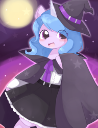 Size: 1778x2318 | Tagged: safe, artist:ginmaruxx, imported from derpibooru, izzy moonbow, pony, unicorn, bipedal, blushing, cape, clothes, costume, cute, eye clipping through hair, eyebrows, eyebrows visible through hair, female, g5, halloween, halloween costume, hat, high res, holiday, izzybetes, looking at you, mare, my little pony: a new generation, open mouth, open smile, skirt, smiling, smiling at you, solo, stars, witch, witch hat