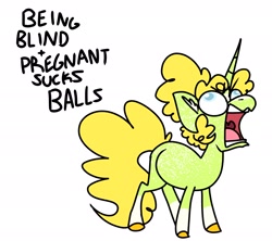 Size: 2326x2067 | Tagged: safe, artist:dodiejinx, imported from derpibooru, oc, oc only, oc:cinnamon apple, pony, unicorn, angry, blind, female, high res, open mouth, pregnant, simple background, solo, vulgar, white background, yelling