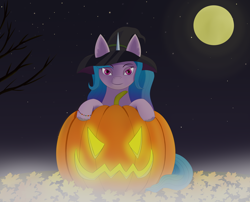 Size: 4906x3956 | Tagged: safe, artist:drakang, imported from derpibooru, izzy moonbow, pony, unicorn, female, g5, halloween, hat, holiday, jack-o-lantern, my little pony: a new generation, pumpkin, solo, witch hat