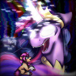 Size: 1440x1439 | Tagged: safe, artist:bluemoon, imported from derpibooru, sunny starscout, twilight sparkle, alicorn, earth pony, pony, the last problem, spoiler:g5, spoiler:my little pony: a new generation, .exe, angry, crown, duo, duo female, error, evil twilight, fangs, female, g5, glitch, glowing, glowing eyes, jewelry, looking at each other, magic, mare, my little pony: a new generation, older, older twilight, peytral, princess twilight 2.0, regalia, sunny and her heroine, that magic was not yours to give, twilight sparkle (alicorn)