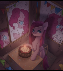 Size: 2124x2400 | Tagged: safe, artist:anku, imported from derpibooru, pinkie pie, earth pony, pony, cake, candle, food, high res, lonely, pinkamena diane pie, sad, solo