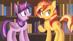 Size: 3840x2160 | Tagged: safe, artist:kartinx, imported from derpibooru, sunset shimmer, twilight sparkle, alicorn, pony, unicorn, equestria girls, bookshelf, duo, female, high res, library, twilight sparkle (alicorn)