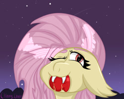 Size: 1280x1024 | Tagged: safe, artist:anastasiaplisetskaya, imported from derpibooru, fluttershy, bat pony, pony, apple, bat ponified, eating, fangs, female, flutterbat, food, herbivore, night, night sky, one eye closed, ponytober, race swap, sky, solo