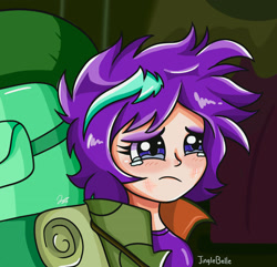 Size: 2048x1972 | Tagged: safe, artist:jinglebelle, imported from derpibooru, starlight glimmer, human, the mean 6, backpack, crying, female, humanized, messy hair, sad, scene interpretation, solo, teary eyes