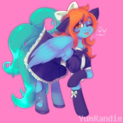 Size: 2048x2048 | Tagged: safe, artist:yumkandie, imported from derpibooru, oc, oc only, oc:sarah, pegasus, pony, ;p, bow, clothes, female, fishnets, hair bow, high res, maid, one eye closed, simple background, socks, solo, tongue out, wink