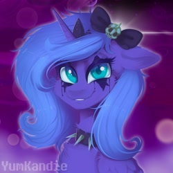 Size: 3500x3500 | Tagged: safe, artist:yumkandie, imported from derpibooru, princess luna, alicorn, pony, abstract background, bow, bust, collar, female, hair bow, high res, makeup, s1 luna, solo, spiked collar