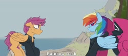 Size: 3766x1642 | Tagged: safe, artist:crimmharmony, imported from derpibooru, rainbow dash, scootaloo, pegasus, pony, fanfic:rainbow factory, chest fluff, clothes, crossover, duo, faceoff, fanfic art, female, floppy ears, high res, lidded eyes, looking at each other, mare, outdoors, pink guard (squid game), profile, squid game, subtitles, wings