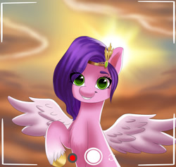 Size: 1280x1213 | Tagged: safe, artist:joaothejohn, imported from derpibooru, pipp petals, pegasus, pony, spoiler:my little pony: a new generation, adorapipp, cellphone, cloud, cute, g5, looking at you, my little pony: a new generation, phone, selfie, sky, smiling, solo, sun, that pony sure does love phones, wings