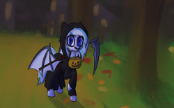 Size: 2782x1732 | Tagged: safe, artist:sufficient, imported from derpibooru, oc, oc only, oc:snowcap, bat pony, autumn, autumn leaves, candy, clothes, costume, food, grim reaper, halloween, halloween costume, holiday, leaf, leaves, night, nightmare night, scythe