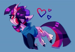 Size: 3552x2500 | Tagged: safe, artist:nekosnicker, imported from derpibooru, twilight sparkle, alicorn, pony, bisexual pride flag, blue background, clothes, coat markings, curved horn, ear piercing, earring, heart, high res, hoodie, horn, jewelry, piercing, pride, pride flag, simple background, socks (coat markings), solo, twilight sparkle (alicorn), unshorn fetlocks