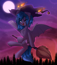 Size: 1280x1462 | Tagged: safe, artist:cloud-fly, imported from derpibooru, oc, oc only, oc:midnight dagger, bat pony, pony, broom, candle, female, flying, flying broomstick, forest, hat, mare, moon, night, one eye closed, sky, solo, stars, witch hat