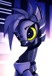 Size: 2994x4374 | Tagged: safe, artist:fenixdust, imported from derpibooru, oc, oc only, oc:random access, pony, robot, robot pony, eyes open, female, looking at something, mare, slim, solo, three quarter view