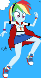 Size: 1883x3583 | Tagged: safe, artist:flutteryaylove, edit, edited screencap, imported from derpibooru, screencap, rainbow dash, equestria girls, cape, clothes, female, flying, grin, high res, miniskirt, skirt, sky, smiling, solo, supergirl, superhero