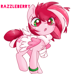 Size: 1239x1247 | Tagged: safe, artist:mushy, imported from derpibooru, oc, oc only, oc:razzleberry, pegasus, pony, amputee, bandage, bandana, bracelet, colored wings, cute, eye clipping through hair, female, jewelry, mare, missing arm, prosthetic limb, prosthetics, simple background, solo, white background, wings