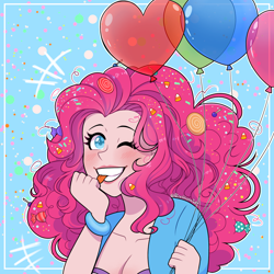 Size: 2048x2048 | Tagged: safe, artist:aliceshionotaku, imported from derpibooru, pinkie pie, equestria girls, ;p, balloon, biting, blushing, breasts, cleavage, female, grin, high res, one eye closed, smiling, solo, tongue bite, tongue out, wink