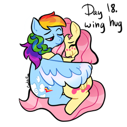 Size: 2048x2048 | Tagged: safe, artist:carconutty, imported from derpibooru, fluttershy, rainbow dash, pegasus, pony, blushing, colored wings, cuddling, duo, eyes closed, female, flutterdash, folded wings, happy, high res, hug, lesbian, looking at someone, mare, one eye closed, one wing out, ponytober, shipping, simple background, sitting, smiling, two toned wings, white background, winghug, wings