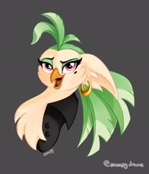 Size: 1750x2048 | Tagged: safe, artist:sneepydraws, imported from derpibooru, captain celaeno, parrot pirates, my little pony: the movie, beauty mark, bust, ear piercing, earring, female, gray background, jewelry, lidded eyes, piercing, pirate, portrait, signature, simple background, smiling, solo, storm king's messenger outfit