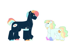 Size: 1280x732 | Tagged: safe, artist:itstechtock, imported from derpibooru, oc, oc only, oc:citrus fizz, oc:neon bop, earth pony, pony, female, filly, magical threesome spawn, male, offspring, parent:coconut cream, parent:lightning flare, parent:toola roola, simple background, stallion, white background