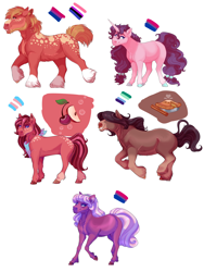 Size: 4000x5312 | Tagged: safe, artist:uunicornicc, imported from derpibooru, big macintosh, cheerilee, sugar belle, oc, oc:cherry apple, oc:cinnamon apple crumb, pony, absurd resolution, bisexual pride flag, coat markings, colored hooves, female, gender headcanon, genderfluid, genderfluid pride flag, mare, missing cutie mark, offspring, parent:big macintosh, parent:cheerilee, parent:sugar belle, parents:cheerimac, parents:sugarmac, pride, pride flag, simple background, transgender pride flag, unshorn fetlocks, vincian pride flag, white background