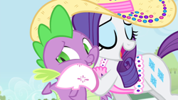 Size: 1280x720 | Tagged: safe, imported from derpibooru, screencap, rarity, spike, dragon, pony, unicorn, season 4, simple ways, cute, cutie mark, duo, duo male and female, female, hoof on cheek, hug, legs together, male, raribetes, rhinestone rarihick, shipping fuel, snuggling, spikabetes, spikelove, squishy cheeks