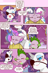 Size: 960x1440 | Tagged: safe, artist:cold-blooded-twilight, imported from derpibooru, rarity, spike, twilight sparkle, dragon, pony, unicorn, cold blooded twilight, comic:cold storm, blushing, both cutie marks, brushing, carousel boutique, comic, dialogue, eyepatch, eyeshadow, magic, makeup, smiling, speech bubble, unicorn twilight, wide hips