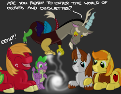 Size: 1080x840 | Tagged: safe, artist:hoofclid, imported from derpibooru, big macintosh, braeburn, discord, spike, oc, oc:hoofclid, draconequus, dragon, pony, :o, black background, dungeons and dragons, eyup, fangs, gray background, horn, magic, male, ogres and oubliettes, open mouth, simple background, stallion, text, unshorn fetlocks