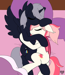 Size: 3311x3854 | Tagged: safe, artist:gnashie, imported from derpibooru, oc, oc only, oc:blood moon, oc:quantum flash, alicorn, bat pony, pony, alicorn oc, bat pony oc, bed, blanket, colored, cuddling, eyes closed, flat colors, floppy ears, high res, hoof on head, horn, lying down, on side, pillow, sleeping, smiling, snuggling, wings