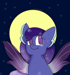 Size: 2357x2544 | Tagged: safe, artist:hopefuldragon, imported from derpibooru, oc, oc only, seapony (g4), bubble, commission, ethereal mane, female, fin wings, fins, high res, moon, night, purple eyes, purple mane, purple wings, smiling, solo, spread wings, starry mane, stars, wings, ych result