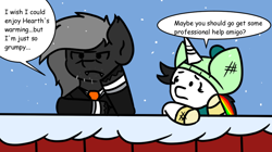 Size: 1024x572 | Tagged: safe, artist:tranzmuteproductions, imported from derpibooru, oc, oc only, oc:lightning bliss, oc:tranzmute, alicorn, pony, clothes, dialogue, female, grumpy, hat, male, mare, necktie, outdoors, peanuts (comic), snow, stallion, style emulation, suit