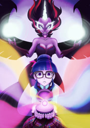 Size: 1736x2455 | Tagged: safe, artist:brother-tico, imported from derpibooru, sci-twi, twilight sparkle, equestria girls, friendship games, breasts, busty twilight sparkle, dark magic, duality, glasses, magic, magic capture device, midnight sparkle, unleash the magic