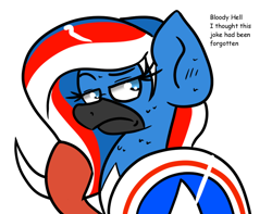 Size: 1000x788 | Tagged: safe, artist:tranzmuteproductions, imported from derpibooru, oc, oc only, oc:obabscribbler, earth pony, pony, bust, captain america, clothes, cosplay, costume, female, frown, mare, marvel, shield, simple background, solo, talking, white background