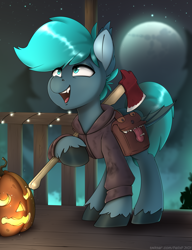 Size: 2894x3766 | Tagged: safe, artist:felixf, imported from derpibooru, oc, oc only, oc:guttatus, bat pony, pony, axe, bat pony oc, clothes, commission, costume, halloween, halloween costume, high res, holiday, jack-o-lantern, lamp, mare in the moon, moon, nightmare night, open mouth, open smile, pumpkin, smiling, solo, trick or treat, weapon, ych result