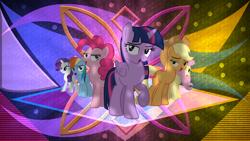 Size: 3840x2160 | Tagged: safe, artist:discorded, artist:iphstich, artist:laszlvfx, edit, imported from derpibooru, applejack, fluttershy, pinkie pie, rainbow dash, rarity, twilight sparkle, alicorn, pony, high res, mane six, twilight sparkle (alicorn), wallpaper, wallpaper edit