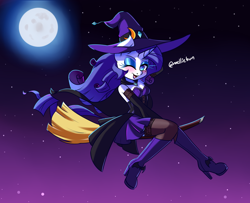 Size: 1600x1300 | Tagged: safe, artist:melliedraws, imported from derpibooru, rarity, anthro, unicorn, broom, clothes, costume, flying, flying broomstick, halloween, halloween costume, hat, heart nostrils, holiday, looking at you, moon, night, one eye closed, open mouth, open smile, smiling, solo, wink, winking at you, witch, witch costume, witch hat