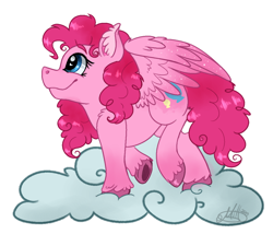 Size: 1092x935 | Tagged: safe, artist:millefaller, imported from derpibooru, pegasus, pony, cloud, ear fluff, eyelashes, female, g5 concept leaks, mare, on a cloud, pinkie pie (g5 concept leak), simple background, solo, underhoof, unshorn fetlocks, white background, wings